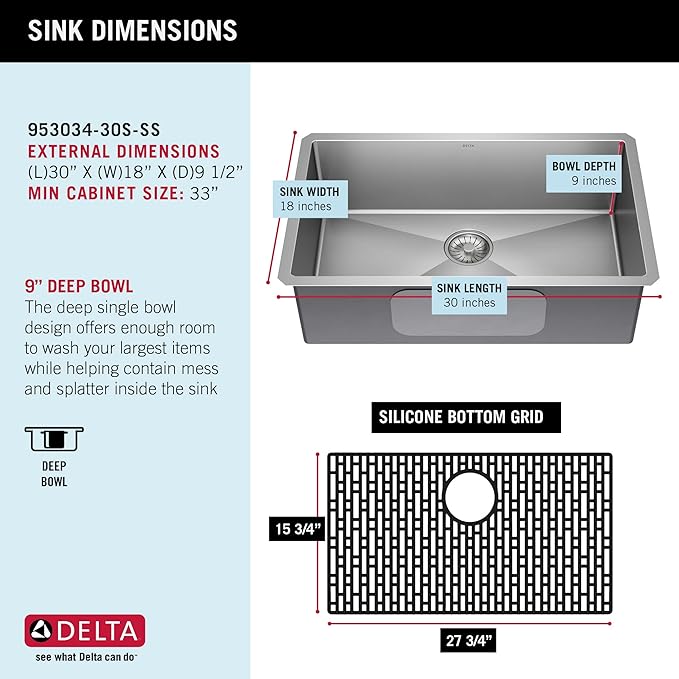 DELTA FAUCET Delta Lenta 30-inch Undermount 16 Gauge Stainless Steel Single Bowl Kitchen Sink with Accessories, 953034-30S-SS, Satin