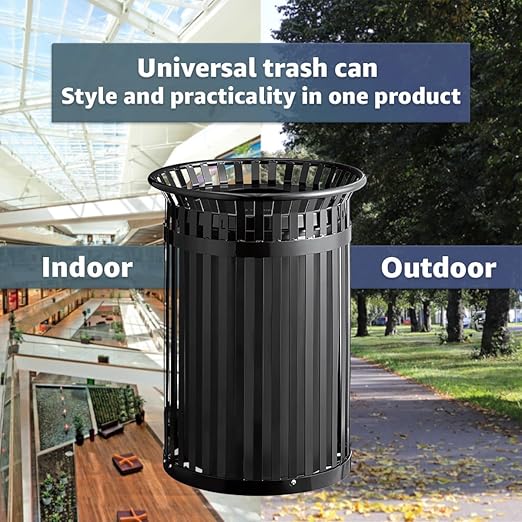 45 Gallon Black Trash Can with Flat Lid, Outdoor Heavy-Duty Commercial Waste Bin Steel Slatted, Round Recycle Container, Durable Garbage Can for Parks, Municipalities, Schools, Parking