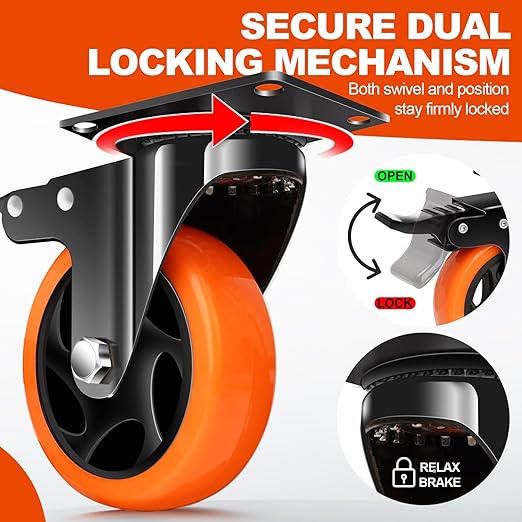 MSH&HCE 5-Inch Orange Heavy Duty Caster Wheels (Set of 4) - 2600Lbs Total Capacity, Polyurethane (PU) Wheels, Quiet Swivel Casters for Carts, Furniture & Workbenches (Two Hardware Included) ﻿