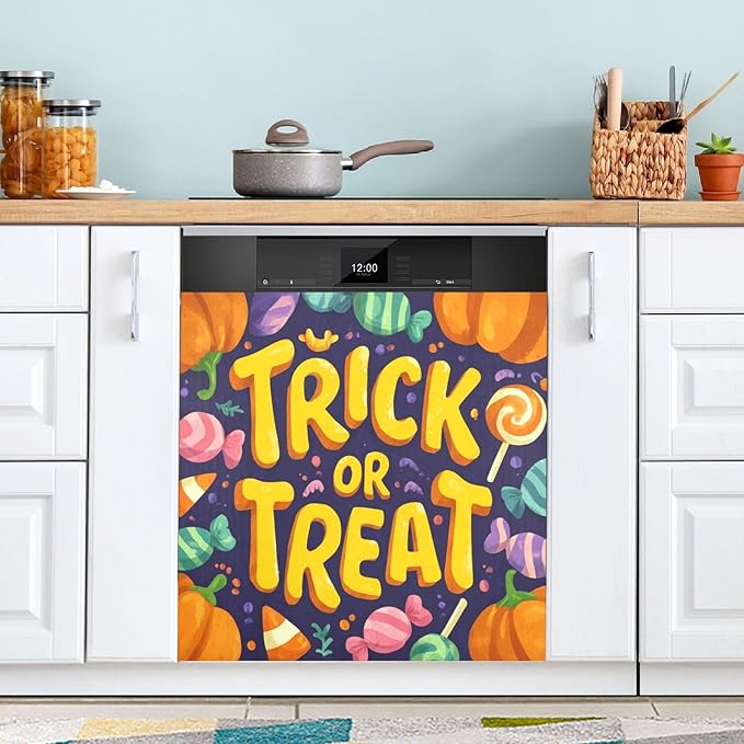 Halloween Candy Pumpkin Darkblue Dishwasher Magnet Cover for Front Panel Magnetic Dishwasher Cover Decorative Refrigerator Magnet Covers Dishwashers Magnetic Sticker for Home Kitchen, 23" x 26"