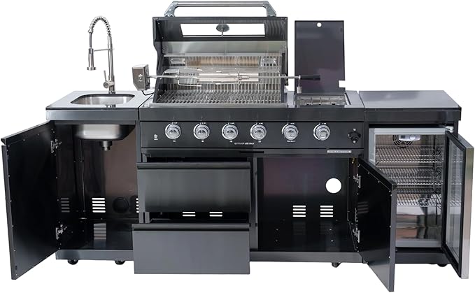 85 Inch 4-Burner 72000 BTU Deluxe Stainless Steel Propane Gas Outdoor Kitchen Barbecue Island Grill, Wine Cooler Compact Refrigerator, Rotisserie Kit, Granite Countertops, Stainless Steel Sink, Black