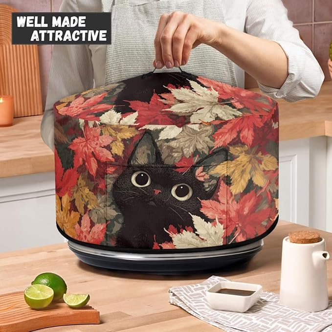 Black Cat Maple Leaf Print Slow Cooker Dust Cover Compatible with 6/7/8 Quart Slow Cooker Dust Proof Electric Slow Cooker Cover with Storage Pocket for Crock Pot Halloween Decor