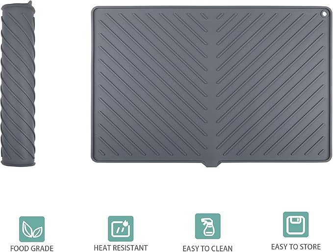 Dish Drying Mat, Silicone Dish Drying Mat for Kitchen Counter, Extra Thick & Large Dish Drainboard Mat with Built-in Drain, Non-silp, Heat Resistant, Dishwasher Safe (Gray, 24" x 15")