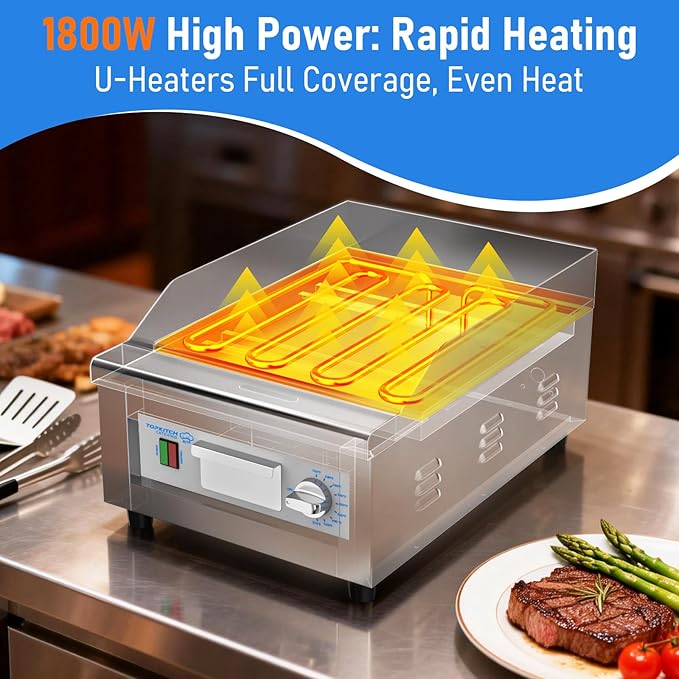 Commercial Electric Griddle, 16"x14" Cooking Surface with 10mm Thick Plate, ETL Certified 572°F Precise Temperature Control, 3" Splash Guard, Heavy-Duty 201 J1 Stainless Steel
