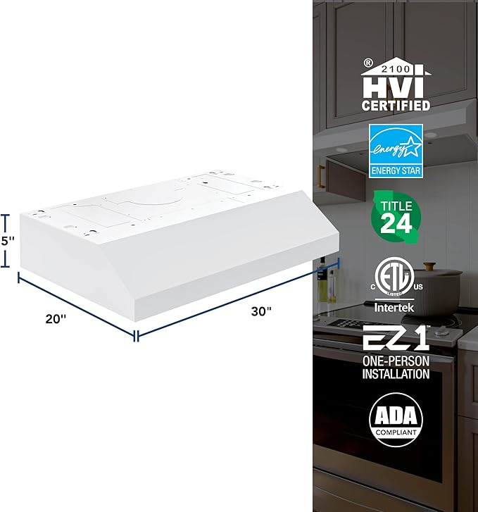 Broan-NuTone 30-Inch White Under Cabinet Range Hood Traditional Design w/Quiet Power at 350 CFM, 1.5 Sones for Powerful Kitchen Ventilation