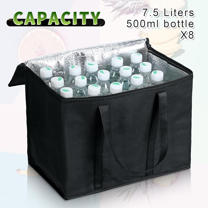Kenning 8 Pcs Large Insulated Reusable Grocery Bags with Sturdy Zipper and Handles Foldable Washable Cooler Totes Heavy Duty Hot or Cold Food Delivery Bag for Food Transport Travel Lunch (Black)