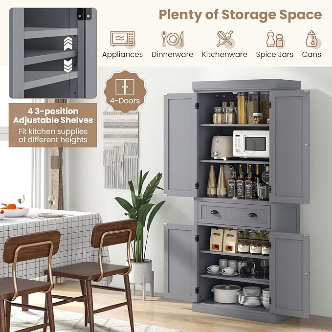 DORTALA 72” Tall Kitchen Pantry Cabinet, Wood Storage Cupboard w/ 4 Adjustable Shelves, 2 Cabinets & Drawer, Utility Freestanding Storage Cabinet for Kitchen, Hallway, Living Room, Grey