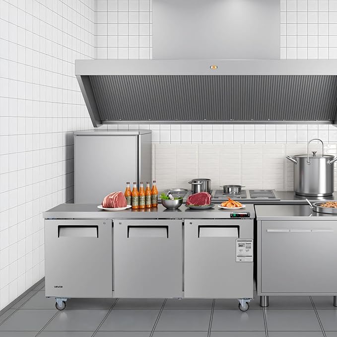 VEVOR 72" W Commercial Freezer, 17.7 Cu.Ft Worktop Freezers Undercounter with LED Auto Lighting and Lockable Door, 3 Doors Food Freezing Prep Worktable, Stainless Steel Prep Frozen Table with Casters