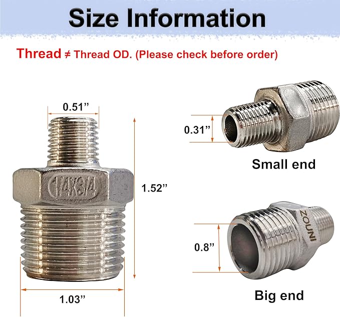 ZOUNI Reducing Hex Nipple, 304 Stainless Steel 3/4" NPT Male x 1/4" NPT Male Pipe Fitting Reducer Nipple Adapter 2000psi Reducer Straight Connector (2pcs, 3/4-1/4)
