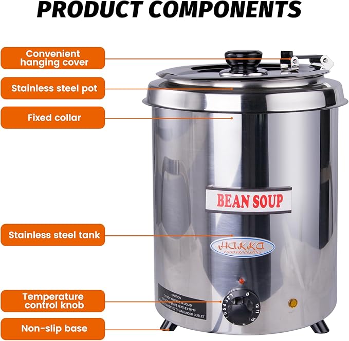 6Qt Commercial Soup Warmer, 300W Soup Kettle Buffet Food Warmer with Hinged Lid & Detachable Pot, Temperature Control (105-195°F) for Soups, Chili, Nacho Cheese - Silver