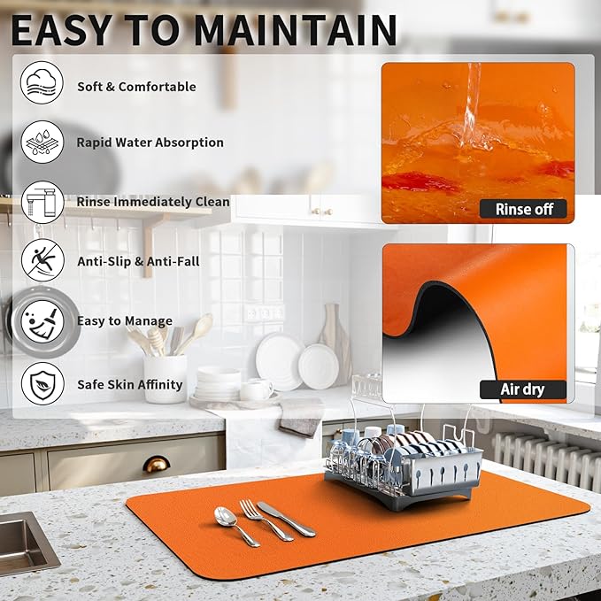 Dish Drying Mat for Kitchen Counter, Heat Resistant Drainer Mats with Non-slip Rubber Backed, Hide Stain Kitchen Super Absorbent Draining Mat, Easy to Clean Dish Rack Pad, Orange 18"x32"