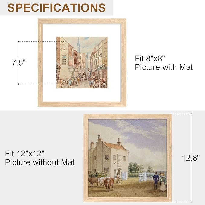 Vittanly 12x12 Picture Frame, Solid Wood Frame with Plexiglass, Includes 8x8 Mat, Wall Hanging for Home Decor, Natural, 1 Pack