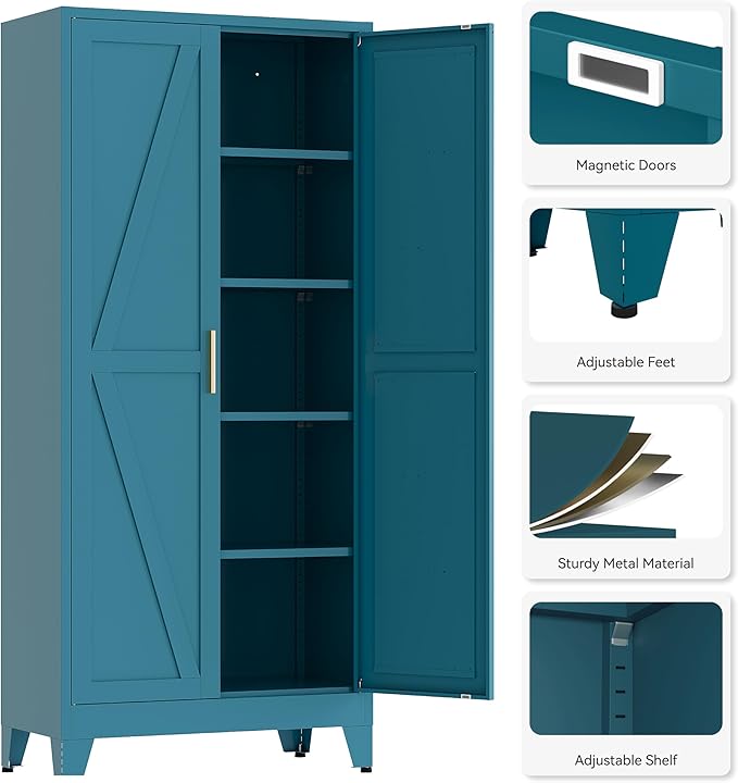 71" Tall Pantry Cabinet, White Metal Pantry Storage Cabinet, Kitchen Pantry Storage Cabinets with 2 Door and 4 Adjustable Shelves (Blue, 71" H)