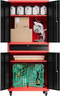 73" Metal Cabinet-Black & Red Heavy Duty Rolling Storage Cabinet Steel Tool Cabinets with Wheels, Shelves, Lockable Doors and Drawers- for Garage, Warehouse Home Office- Assembly Required