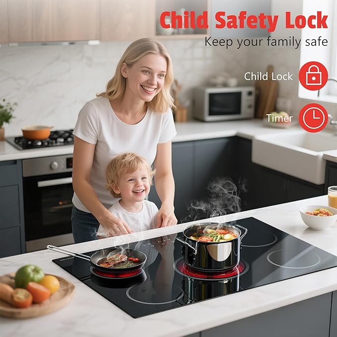 Noxton Electric Cooktop 30 Inch, 5 Burners Electric Stovetop, Drop-in Ceramic Cooktop 30”, Triple Ring, Pause, Timer, Child Safety Lock, 240V Hardwire(NO plug)
