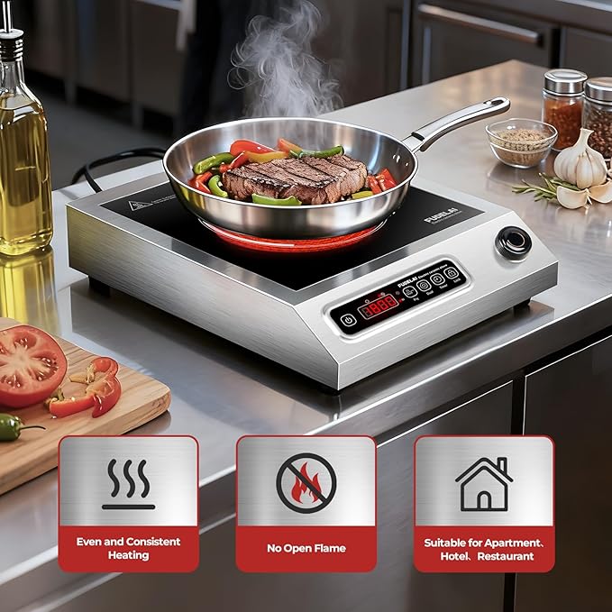 1800W Commercial Grade Electric Cooktop with 9 Power Levels - Electric Burner with EUROKERA Micro-Ceramic Panel, Infrared Cooktop with Timer, Safety Lock, For Restaurant, Home Kitchen Use