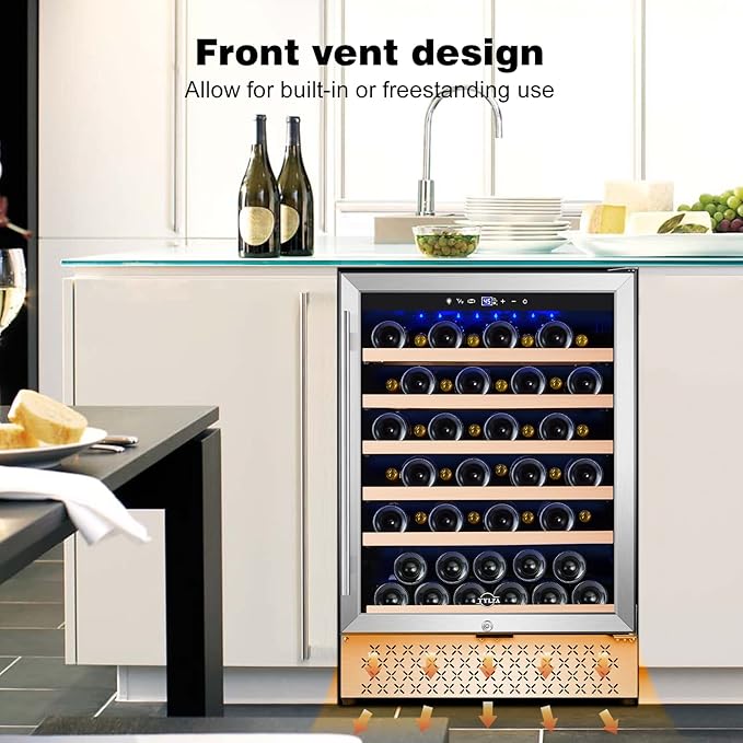Tylza 24 Inch Wine Fridge, 54 Bottles Wine Refrigerator, Under Counter or Freestanding, 40-65°F, Lock, Double Layer Tempered Glass Door, Wine Cooler Refrigerator with Adjustable Wooden Shelves