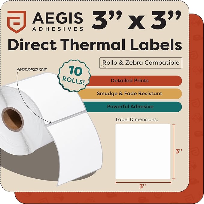 Aegis Adhesives - 3" X 3" Square Direct Thermal Labels (10 Rolls, 500 Labels/Roll) Compatible with Rollo, Zebra, and Other Desktop Label Printers