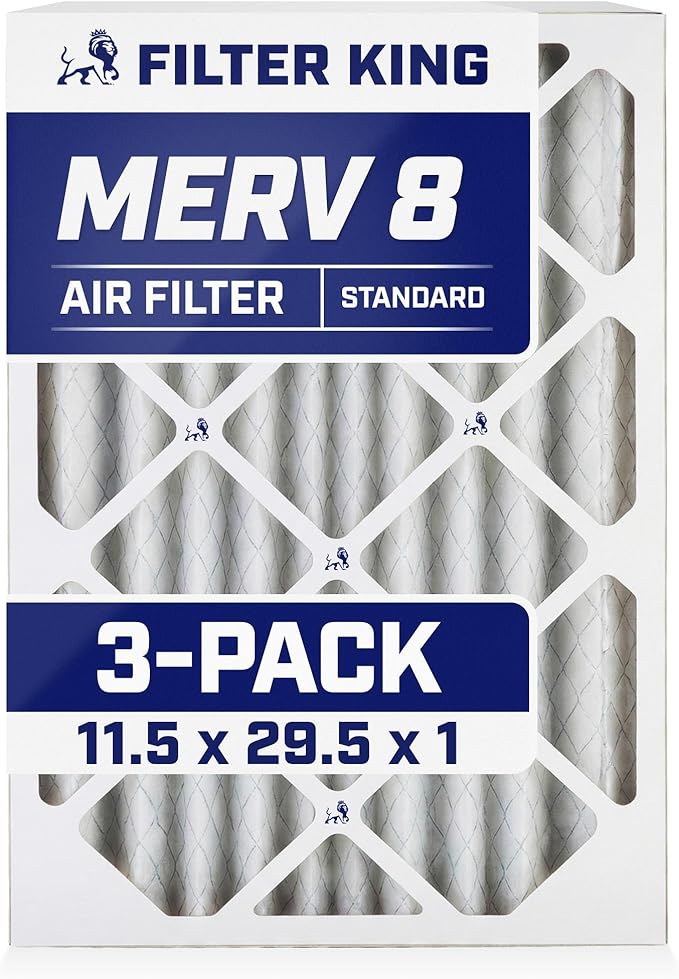 Filter King 11.5x29.5x1 Air Filter | 3-PACK | MERV 8 HVAC Pleated A/C Furnace Filters | MADE IN USA | Actual Size: 11.5 x 29.5 x .75"