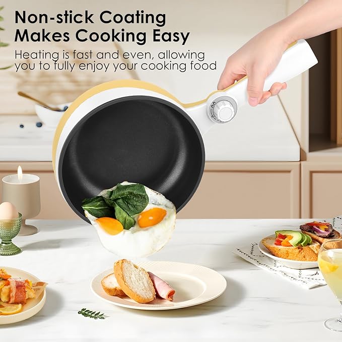 Audecook Hot Pot Electric, 1.7L Mini Electric Skillet Portable Nonstick Sauté Pan with Power Adjustment, Ramen Cooker Travel Multicooker for Steak/Soup/Egg/Oatmeal/Noodles (Tongs for Cooking Included)