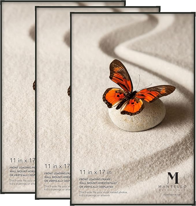 Mantello 11 x 17 Frame, Clean Look Black Front-Loading Poster Frame, 3-PACK, 11x17 Picture Frame