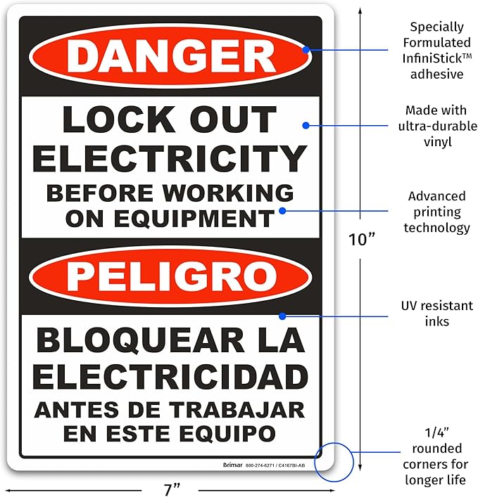 Brimar - 7 x 10" - Bilingual Danger Lock Out Electricity Sign - Lock Out Electricity Before Working On Equipment - 3.5 Mil InfiniStick™ Vinyl Label - Easy Installation - Bilingual Warning