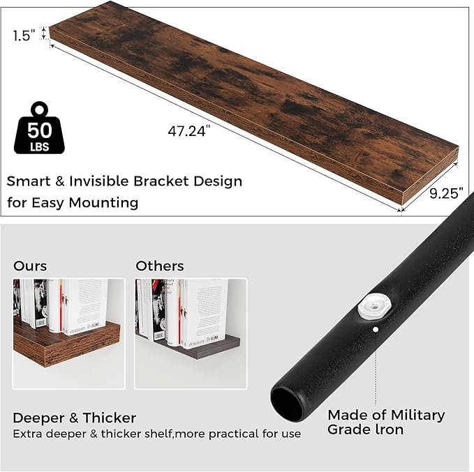 Floating Shelves for Wall 48"W x 9"D x 1.5"H, Engineered Wood Wall Shelves with Invisible Brackets for Living Room Bedroom Bathroom Office Kitchen Decor and Storage, Rustic Brown Finish, Set of 2