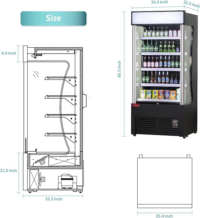 WESTLAKE Open Air Merchandiser Commercial Refrigerator with Lighting and Night Curtain 25.5 Cu.ft 35.4” W 32.5" D Upright Fan Cooling Display Cooler for Stores, Supermarkets, Bar, Shops, etc