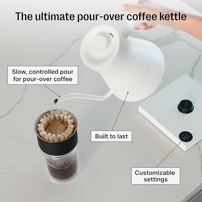 Fellow Stagg EKG Pro Electric Gooseneck Kettle - Pour-Over Coffee and Tea, Quick Heating, Precise Temperature Control, Scheduling, Built-in Brew Timer, Matte White with Maple Wood Handle, 0.9 Liter