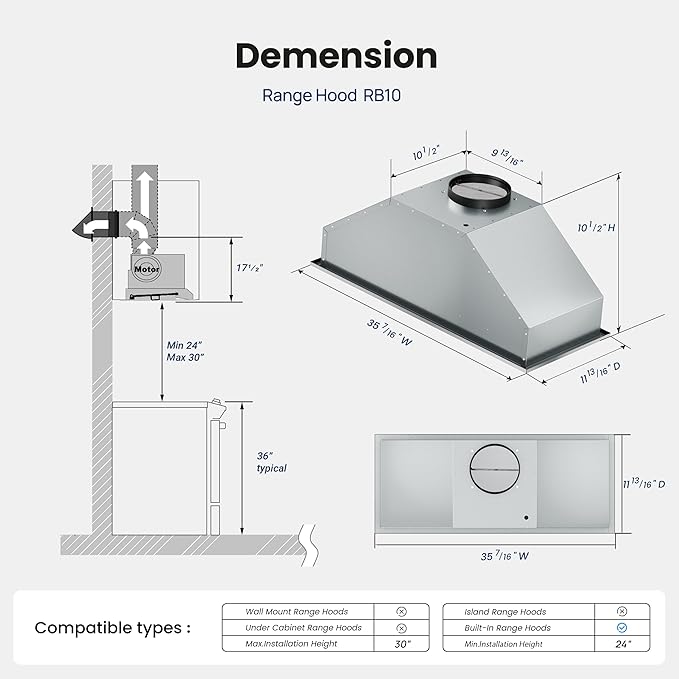 Stainless Steel Range Hood Insert 36 Inch, 580 Max CFM, 5-Layer Aluminum Mesh Filter, LED Lights&3-Speed Push Button Controls for 50% Better Suction,Ducted/Ductless Built Kitchen Vent