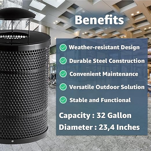 32 Gallon Perforated Trash Can with Rain Bonnet Lid, Steel Outdoor Heavy-Duty Commercial Waste Bin, Round Recycle Container, Durable Garbage Can for Parks, Municipalities, Schools, Parking