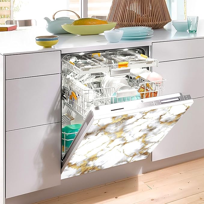 Stone Golden Marble White Dishwasher Magnet Cover Front Door Magnetic Dishwasher Cover Decorative Refrigerator Magnet Covers Fridge Panel Decal for Kitchen Decor, 23" x 26"