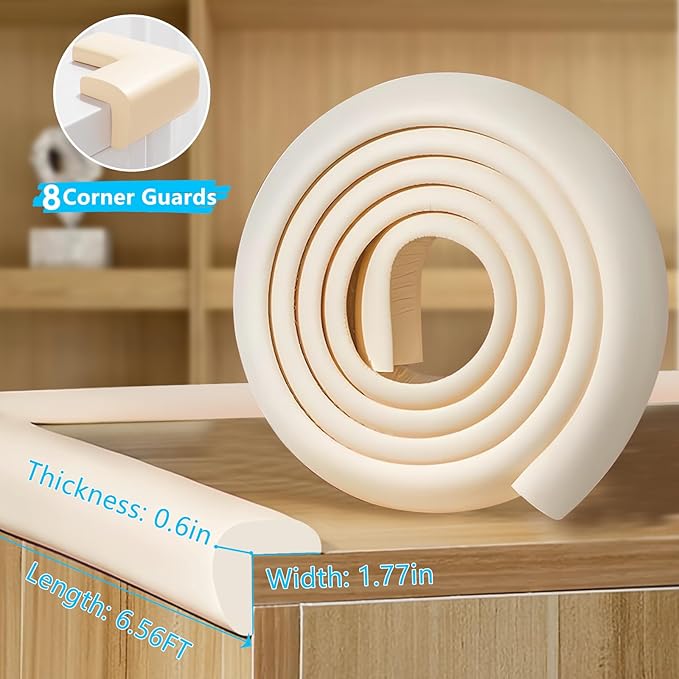 Baby Proofing Edge & Corner Protectors, 1 Roll White Foam L-Shape Self-Adhesive Bumper Strip + 8Corner Guards, Wall & Furniture Safety Bumpers for Nursery, Kitchen, Fireplace, Table, Desk