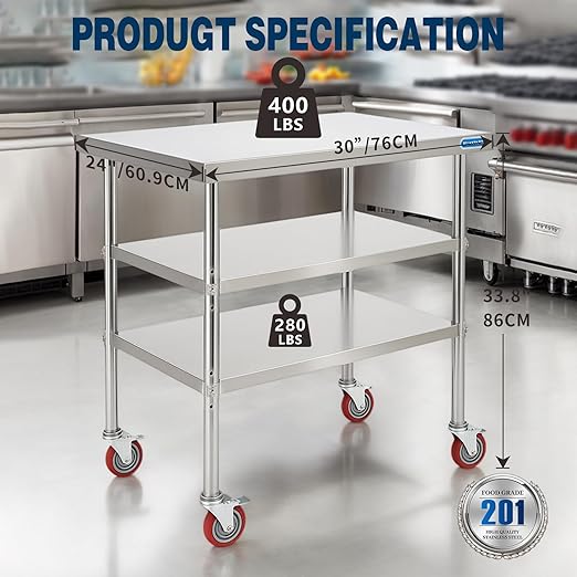 Stainless Steel Table with Wheels Stainless Steel Prep Table 24 x 30 Inch, NSF Commercial SS Metal Kitchen Prep Worktable for Restaurant Kitchen Garage Warehouse