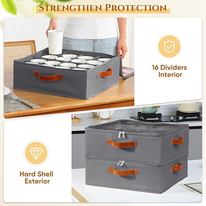 2 Pack Coffee Mug Storage Box with Dividers, Stackable China Storage Containers with Lid, Zipper, and Handles for 32 Mugs and Cups, Mug Storage Organizer for Packing & Moving, Gray