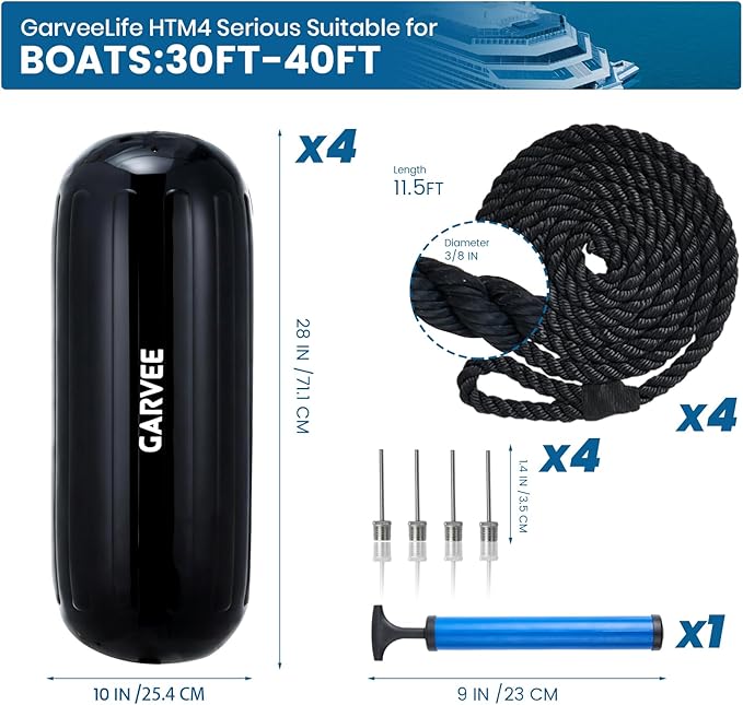 Garvee Boat Fenders 4 Pack 10 x 28 Inches Boat Bumpers for Docking, Ribbed Center Hole, Comes with Ropes and Pump to Inflate