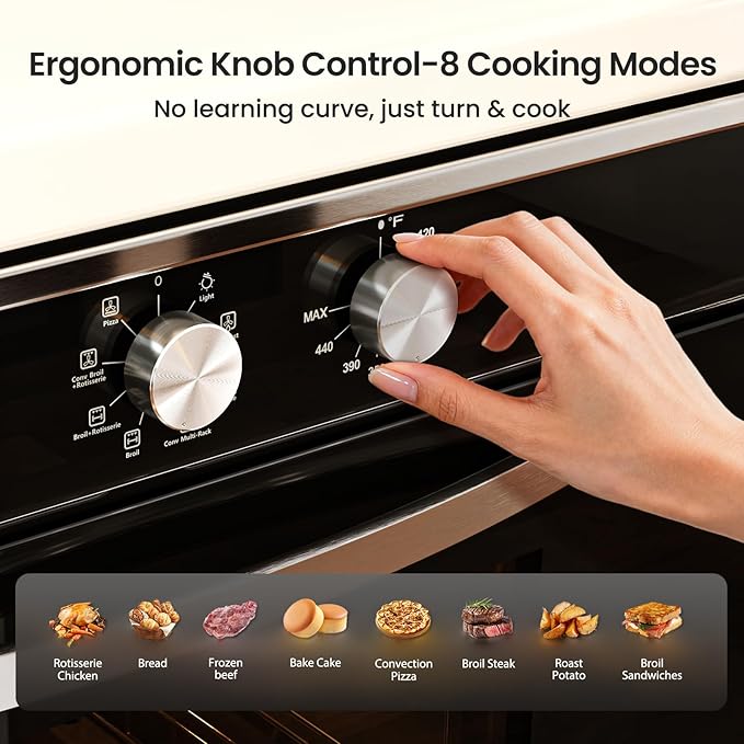 Single Wall Oven 24", 2.83 Cu.Ft-80L with 8 Functions Built-in 24 Electric Wall Oven, 240V, 3220W Fast Preheat, Mechanical Knob Control for Easy Cooking