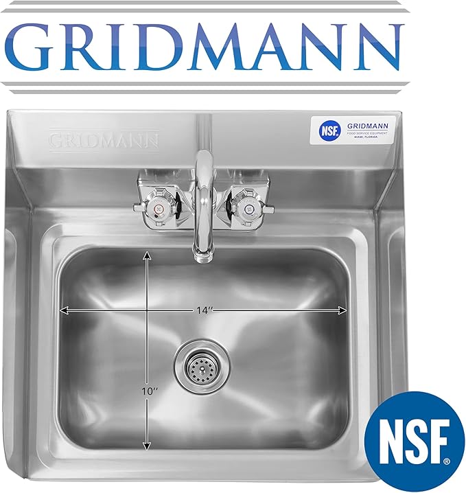 GRIDMANN Commercial NSF Stainless Steel Sink with Faucet & Side Splashes - Wall Mount Hand Washing Basin
