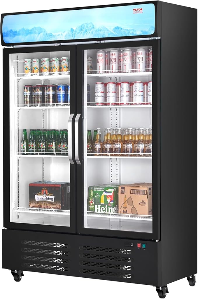 VEVOR Commercial Merchandiser Refrigerator, 36.27 CU.FT Upright Beverage Cooler, 2 Glass Door Display Refrigerator with 8 Adjustable Shelves, Soft LED Light, Customizable Lightbox, Casters, Black