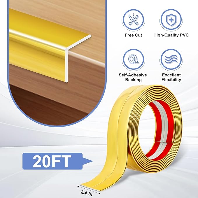 Wall Corner Protector Moulding Trim Peel and Stick Wall Corner Guards Trim Flexible Self Adhesive Edge Protector Moulding, 2.4 in x 20 Ft, Gold