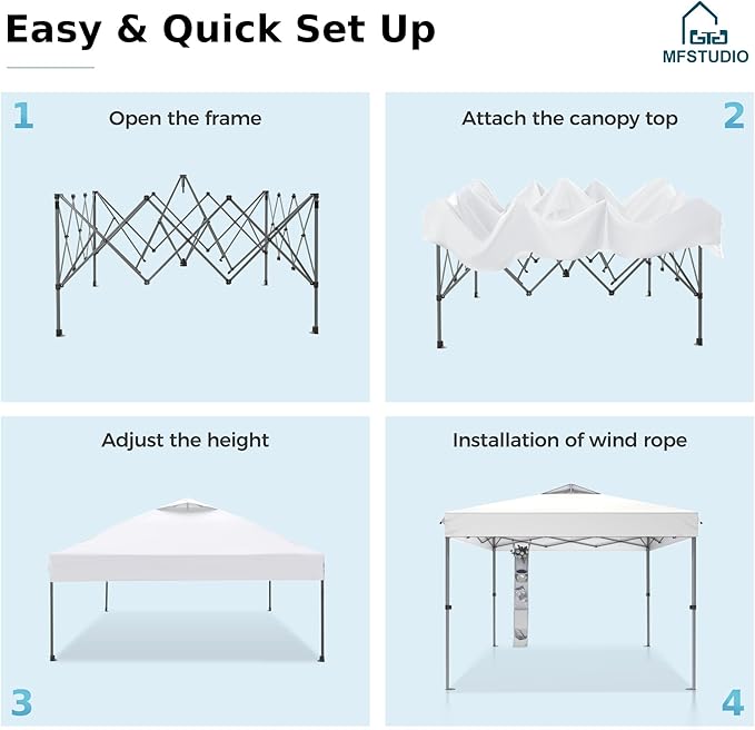 MFSTUDIO 10x10 Pop up Canopy Tent, Gazebo Shelter Sun Shade Canopies One Push Setup Portable Popup Easy Set up Tents with Vented Top,Storage,4 Sandbags,for Beach,Parties,Camping
