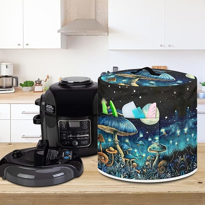 Blue Mushroom Pressure Cooker Cover for Women Insulated Rice Cooker Cover with Easy to Clean Lining Stain Resistant Dust Cover with Pockets for Instant Pot 8 Quart Appliance Cover