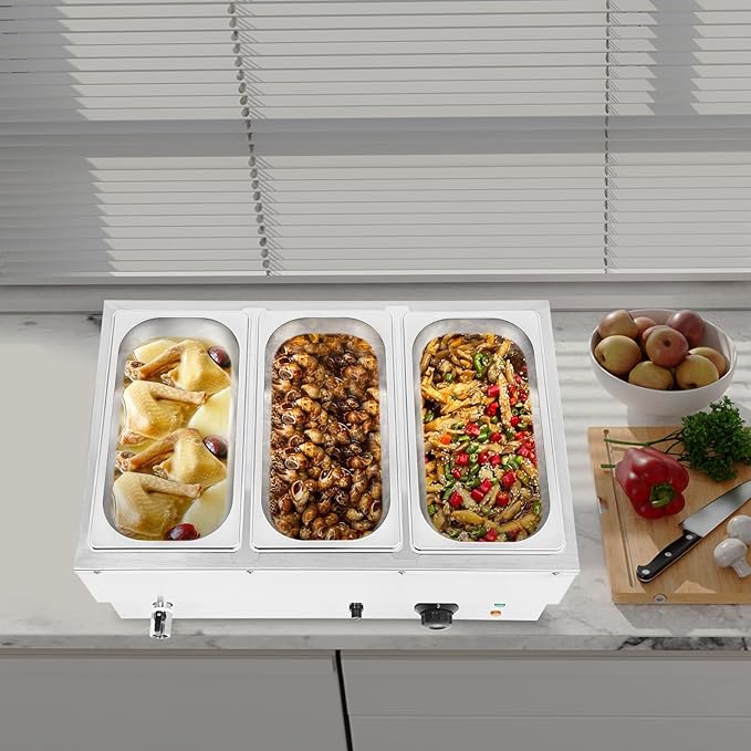 3-Pan Countertop Food Warmer Electric Steam Table for Buffet Commercial Stainless Steel Buffet Warmer Steam with 3 Stainless Steel Covers 110V 850W 7L Large Capacity