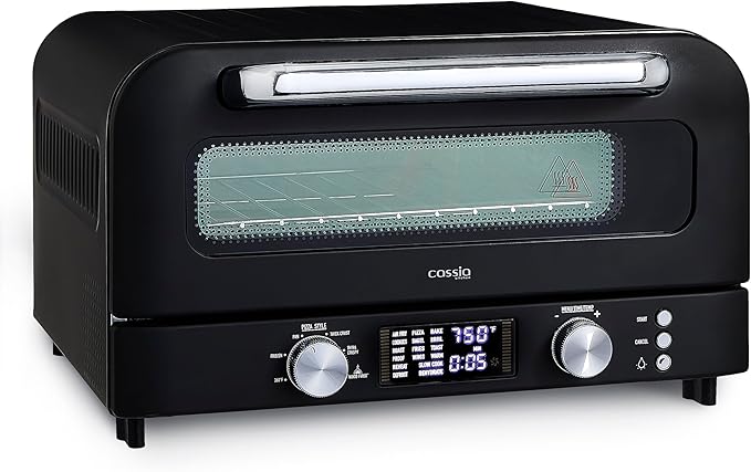 Cassia Countertop Electric Air Fryer Pizza Oven, 12" Capacity, 20L, 1800W, Heats up to 750°F, 16 Presets, Includes Pizza Stone, Peel, Fry Basket, Black
