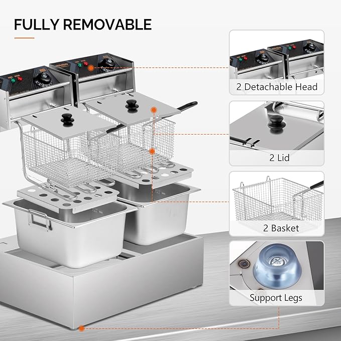 ROVSUN 22.8QT/21.6L Electric Deep Fryer, Commercial Deep Fryer with Baskets Lids Countertop, Stainless Steel Dual Tank Kitchen Fat Fryer Frying Machine for French Fries Donuts, Adjustable Temp, 3400W