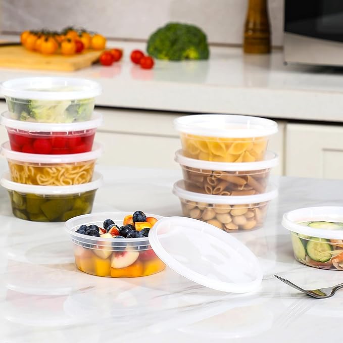 AOZITA 100 Sets 8 oz Plastic Deli Containers With Lids, Airtight Food Storage Containers, Freezer/Dishwasher/Microwave Safe, Takeout Meal Prep Storage
