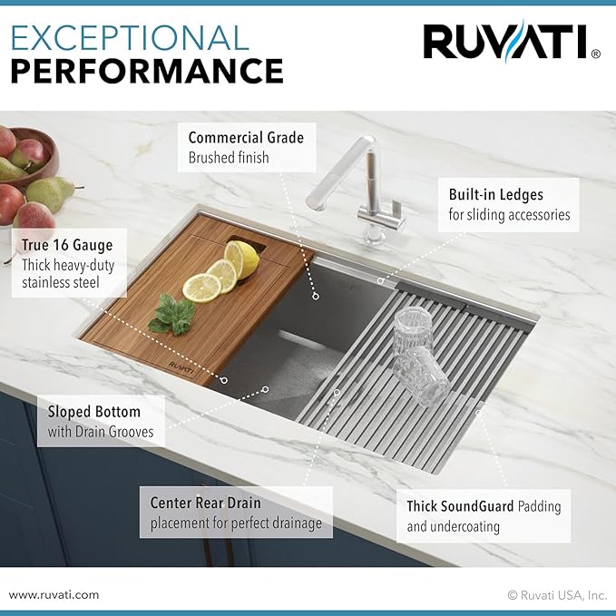 Ruvati 32-inch Round Corner Undermount 16 Gauge Stainless Steel Workstation Kitchen Sink Single Bowl – Soundproof Multifunction Chef Sink with Cutting Board & Accessories – RVH8301