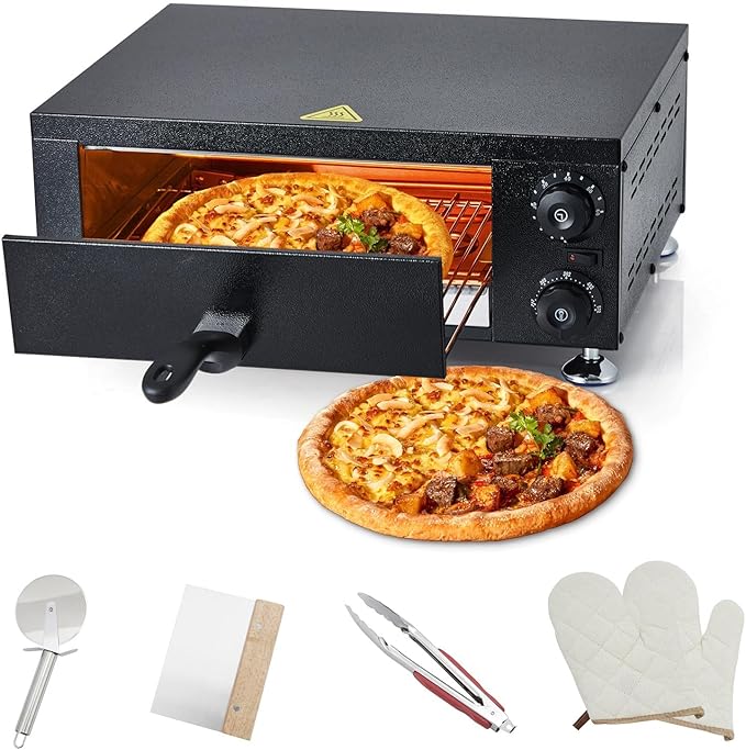 Professional 12 Inch Countertop Pizza Oven Electric 1100W, with 60-Minute Timer, Stainless Steel Pizza Maker for Fast Baking, Perfect for Home Party, Outdoor BBQ, Commercial Food Service Catering