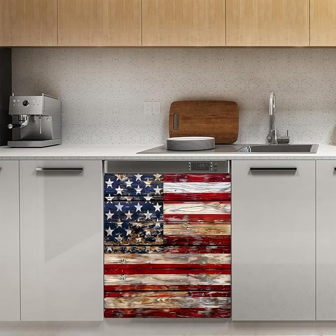 Dishwasher Magnet Cover Old Wooden American Flag Reusable Dishwasher Magnetic Cover Sticker Decorative Dish Washer Door Cover Panel for Home Kitcen Appliance