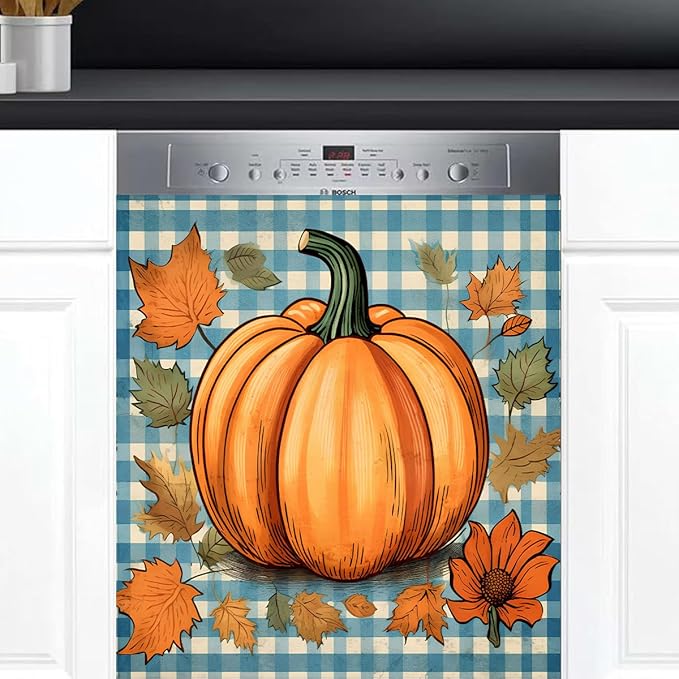 Dishwasher Magnet Cover Fall Pumpkin Vintage Plaid Front Dishwasher Cover Decoration Reusable Magnetic Door Cover Panel Decal Home Appliances Stickers Kitchen Refrigerator Fridge 23"x26"